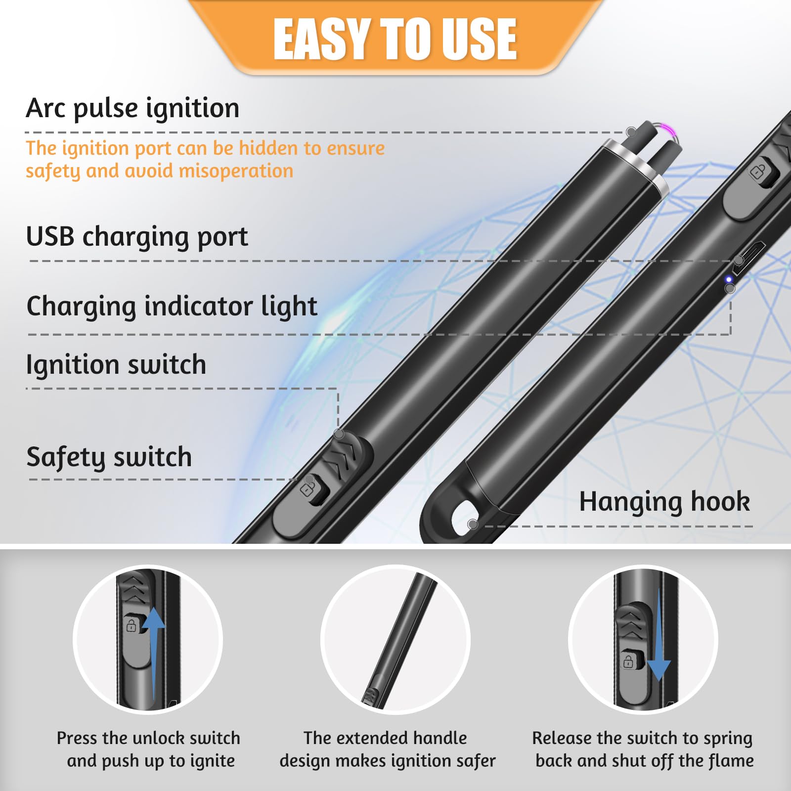 2 Pack Electric Candle Lighters, Windproof Flameless & Double Safety Lock Design, USB Rechargeable Lighter with Extended Handle, Suitable for Candles, BBQ, Camping, Gas Stove, Festivals Gift (Black) - CookCave