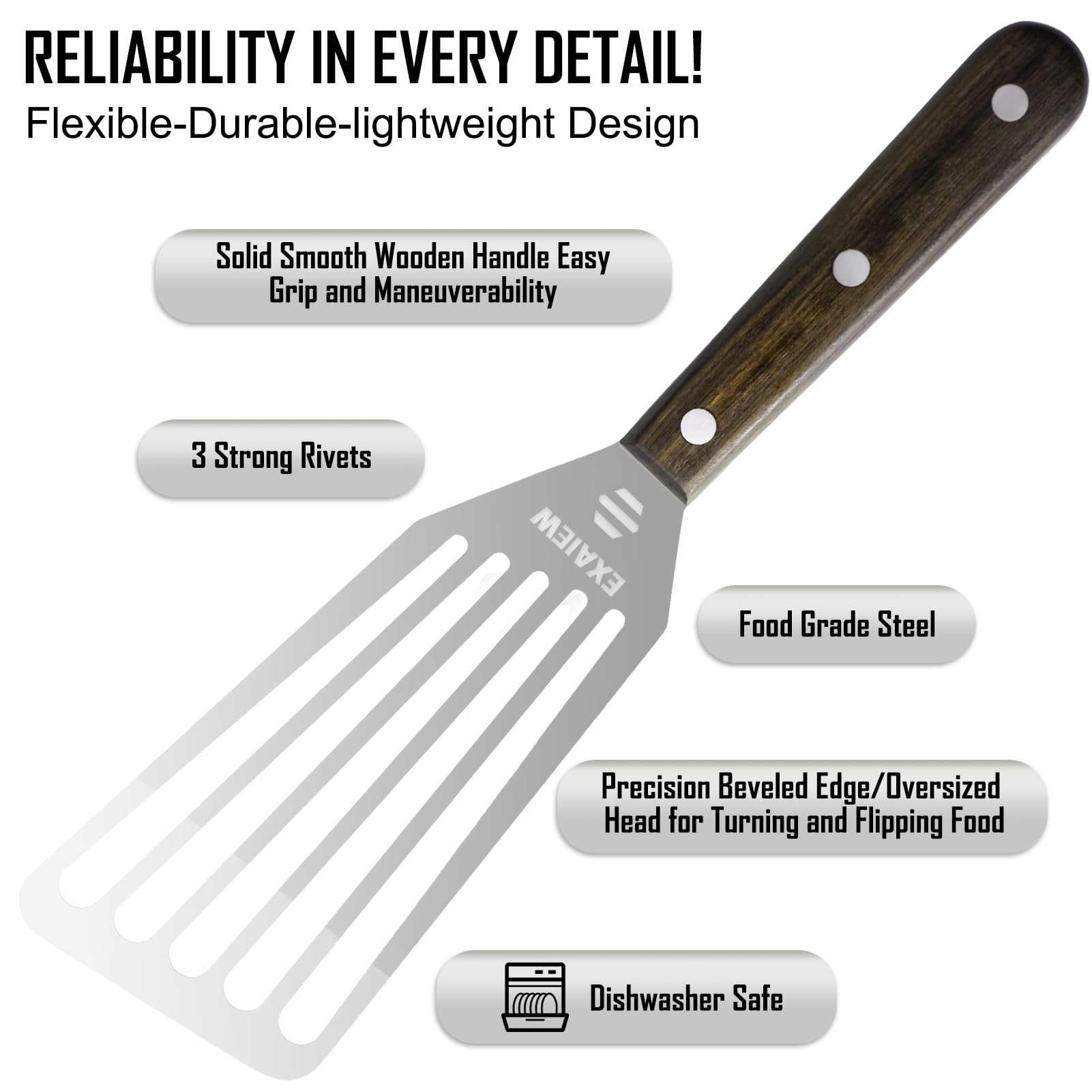 2 Pack Fish Spatula Stainless Steel, Flexible Fish Turner Spatula Perfect for Flipping Eggs, Burgers and Baking, Durable Lightweight Metal Kitchen Slotted Turner for Cooking & BBQ [Wooden Handle] - CookCave