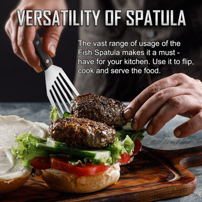 2 Pack Fish Spatula Stainless Steel, Flexible Fish Turner Spatula Perfect for Flipping Eggs, Burgers and Baking, Durable Lightweight Metal Kitchen Slotted Turner for Cooking & BBQ [Wooden Handle] - CookCave