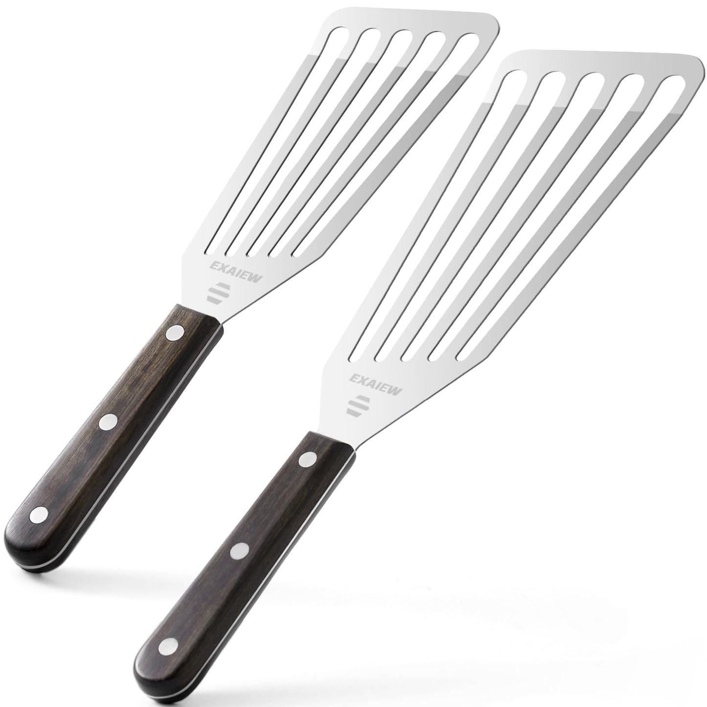 2 Pack Fish Spatula Stainless Steel, Flexible Fish Turner Spatula Perfect for Flipping Eggs, Burgers and Baking, Durable Lightweight Metal Kitchen Slotted Turner for Cooking & BBQ [Wooden Handle] - CookCave