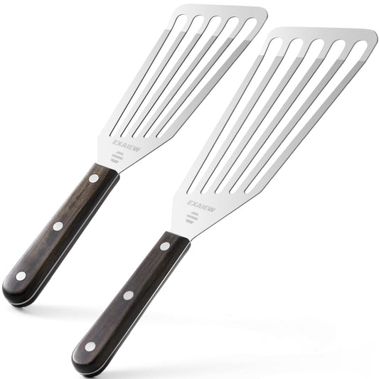2 Pack Fish Spatula Stainless Steel, Flexible Fish Turner Spatula Perfect for Flipping Eggs, Burgers and Baking, Durable Lightweight Metal Kitchen Slotted Turner for Cooking & BBQ [Wooden Handle] - CookCave