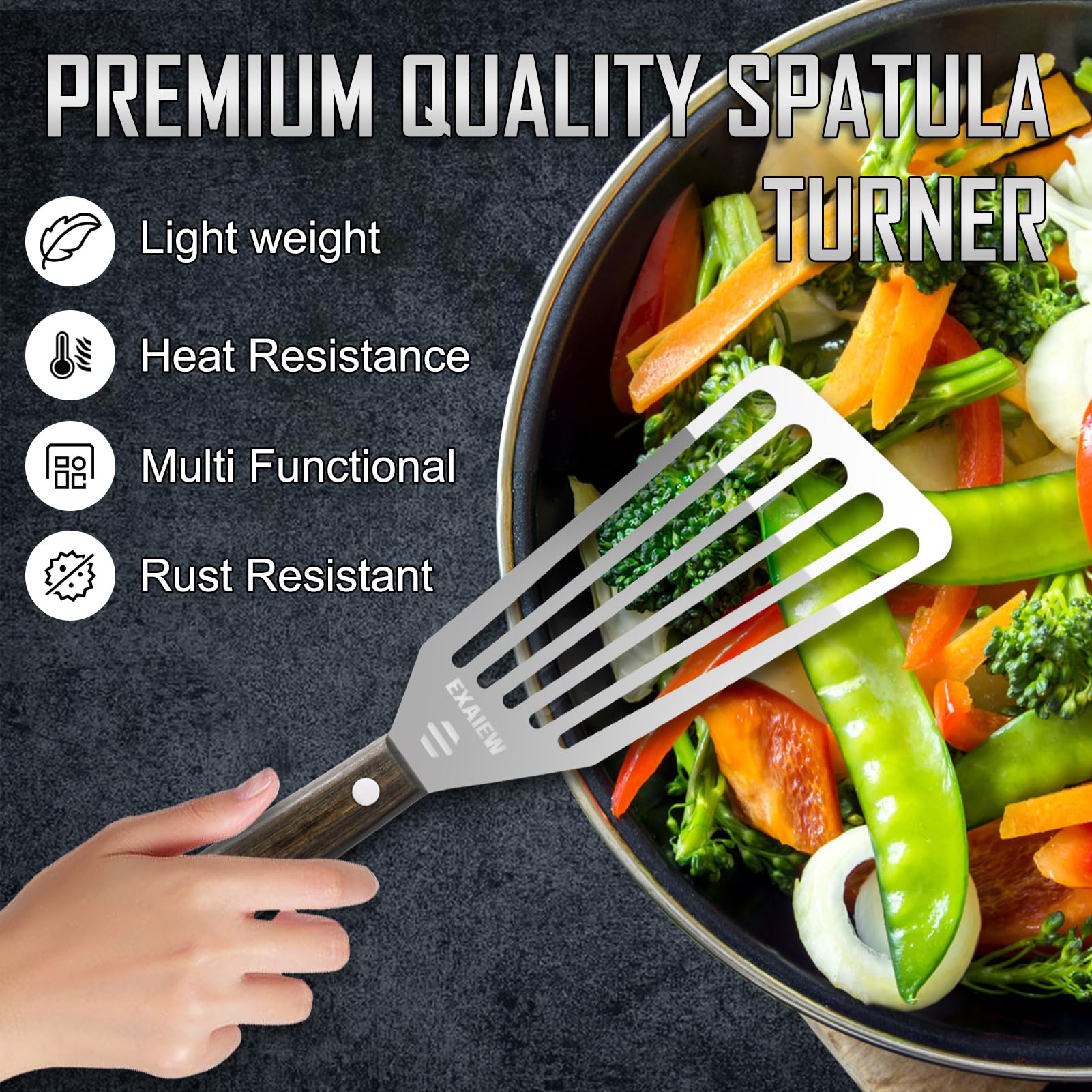 2 Pack Fish Spatula Stainless Steel, Flexible Fish Turner Spatula Perfect for Flipping Eggs, Burgers and Baking, Durable Lightweight Metal Kitchen Slotted Turner for Cooking & BBQ [Wooden Handle] - CookCave