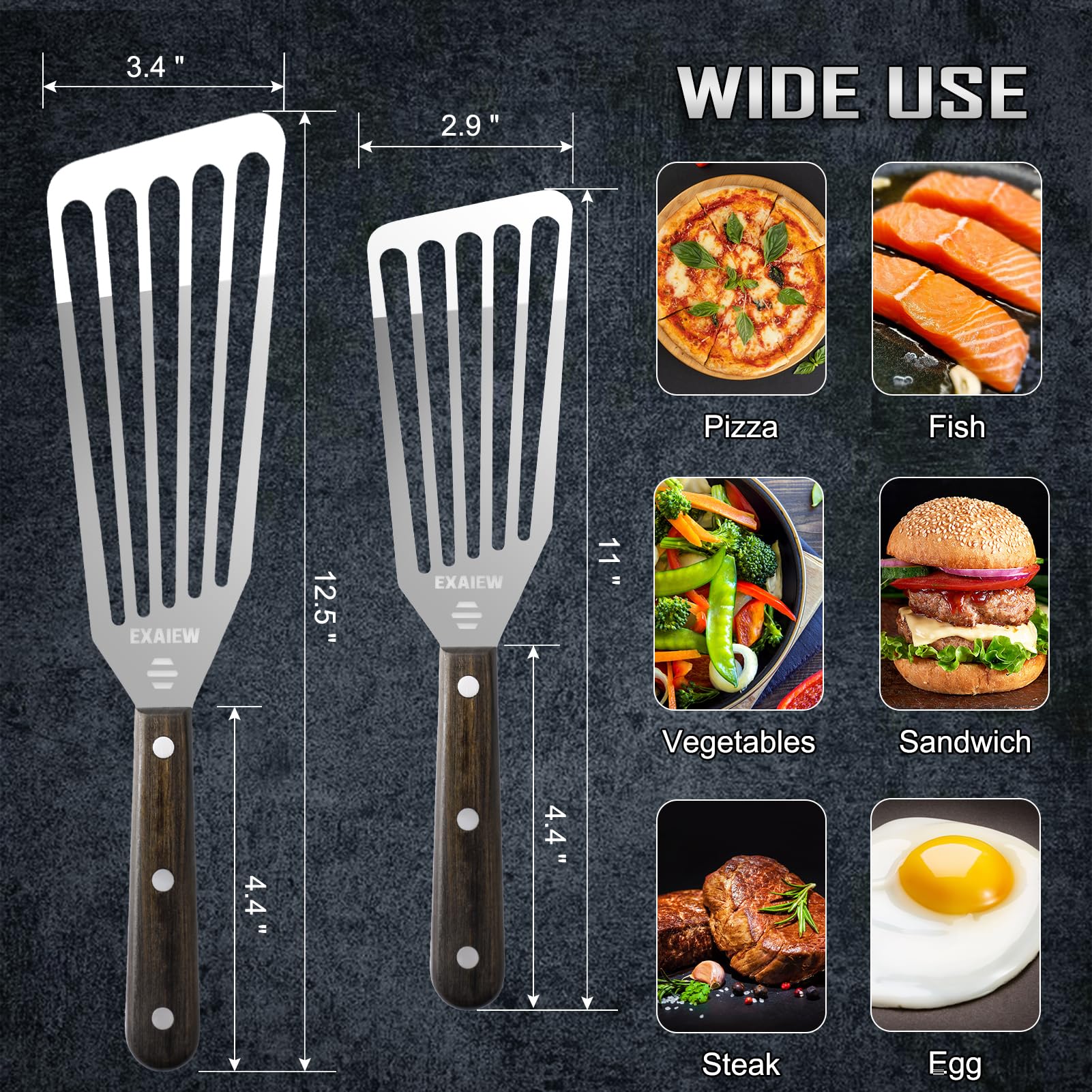 2 Pack Fish Spatula Stainless Steel, Flexible Fish Turner Spatula Perfect for Flipping Eggs, Burgers and Baking, Durable Lightweight Metal Kitchen Slotted Turner for Cooking & BBQ [Wooden Handle] - CookCave