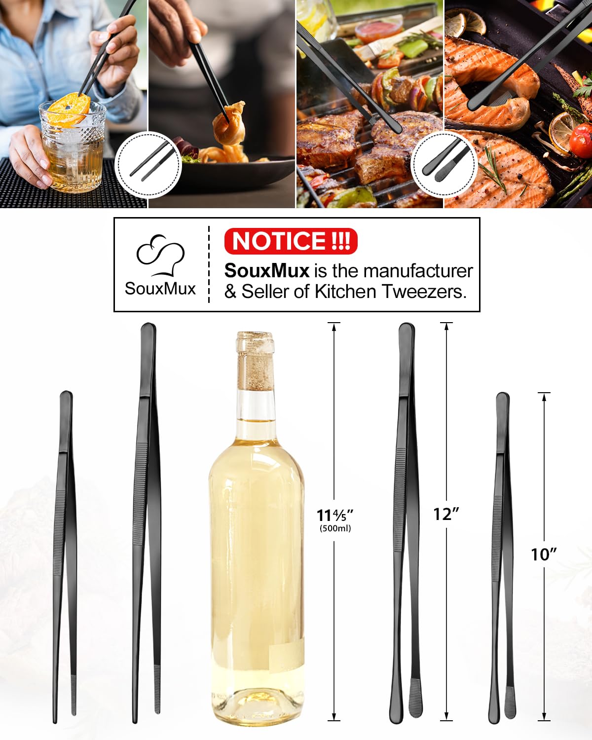 2 Pcs 12-inch Cooking Tweezers Tongs Precision Serrated Tips, Stainless Steel Professional Chef Tweezer Kitchen Tools for BBQ, Plating and Serving (Black) - CookCave