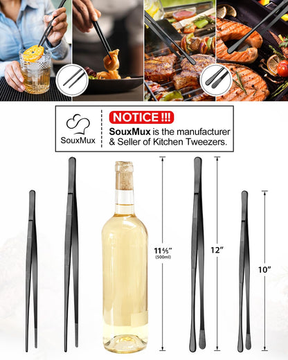 2 Pcs 12-inch Cooking Tweezers Tongs Precision Serrated Tips, Stainless Steel Professional Chef Tweezer Kitchen Tools for BBQ, Plating and Serving (Black) - CookCave