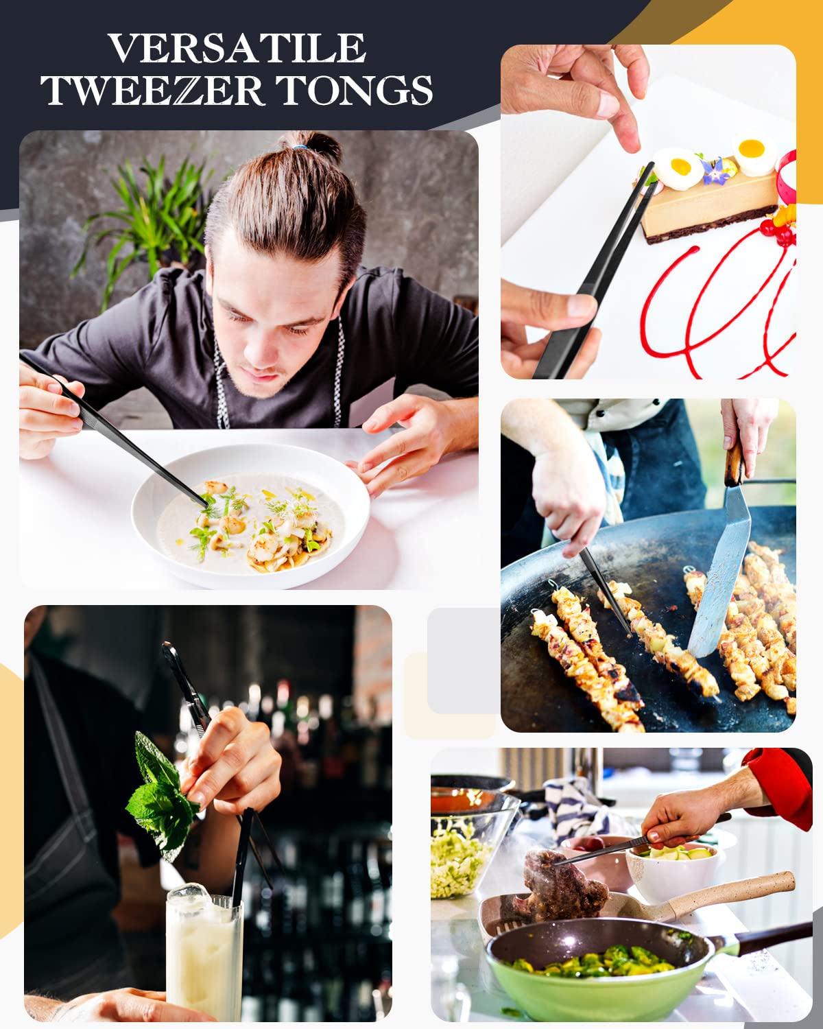 2 Pcs 12-inch Cooking Tweezers Tongs Precision Serrated Tips, Stainless Steel Professional Chef Tweezer Kitchen Tools for BBQ, Plating and Serving (Black) - CookCave