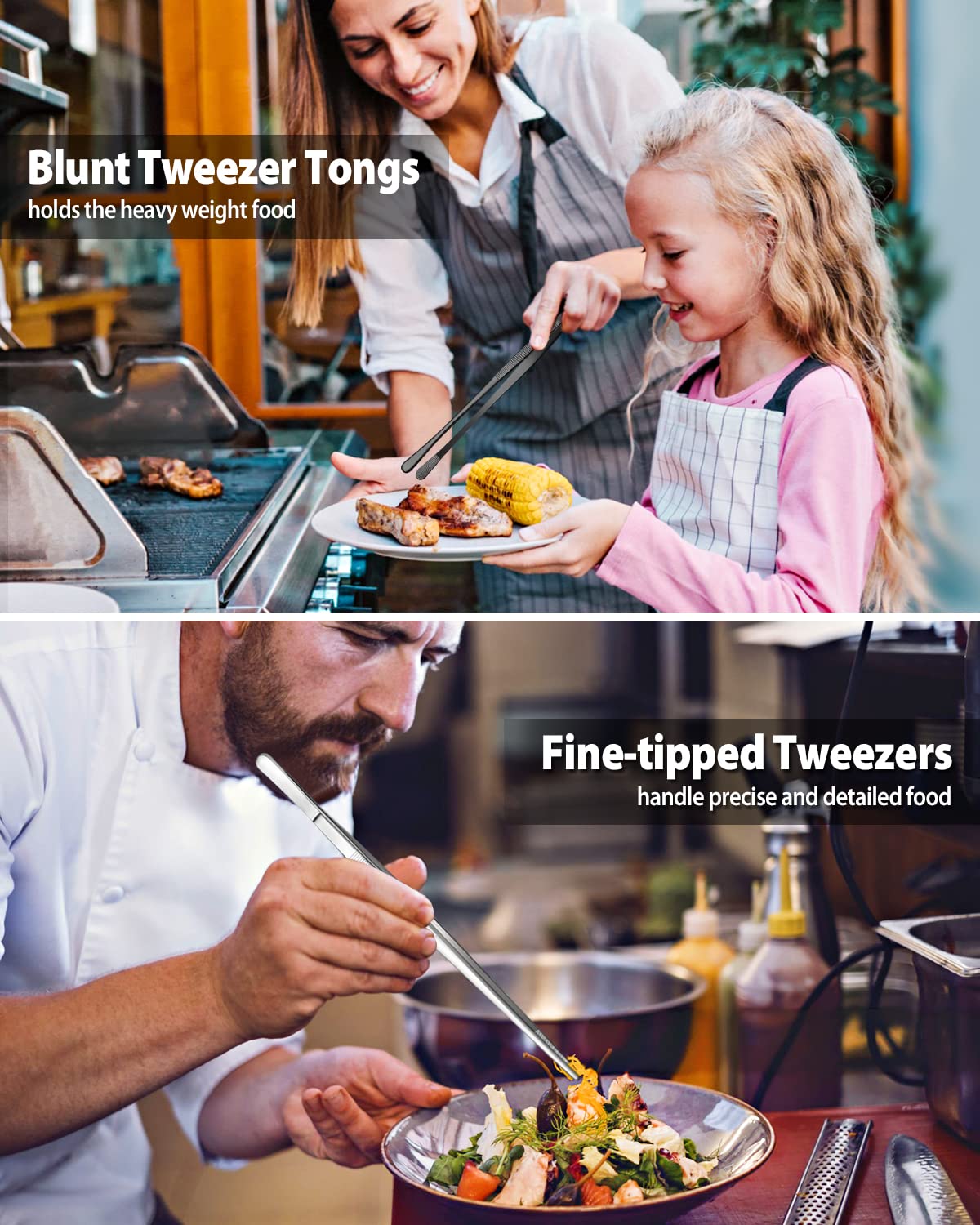 2 Pcs 12-inch Cooking Tweezers Tongs Precision Serrated Tips, Stainless Steel Professional Chef Tweezer Kitchen Tools for BBQ, Plating and Serving (Black) - CookCave