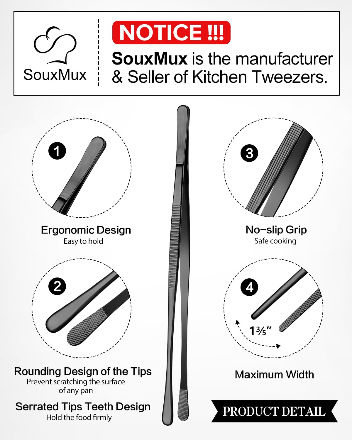 2 Pcs 12-inch Cooking Tweezers Tongs Precision Serrated Tips, Stainless Steel Professional Chef Tweezer Kitchen Tools for BBQ, Plating and Serving (Black) - CookCave