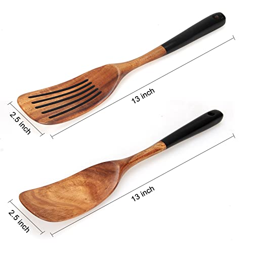 2 Pcs Best Wooden Spatula Set for Cooking Kitchen Slotted Turner Spatula Flat Wood Wok Spatula Non Stick Cooking Utensils for Frying Mixing Teak Fish Spatula Turner Black Egg Flipper Spatulas - CookCave