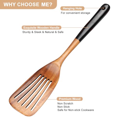 2 Pcs Best Wooden Spatula Set for Cooking Kitchen Slotted Turner Spatula Flat Wood Wok Spatula Non Stick Cooking Utensils for Frying Mixing Teak Fish Spatula Turner Black Egg Flipper Spatulas - CookCave