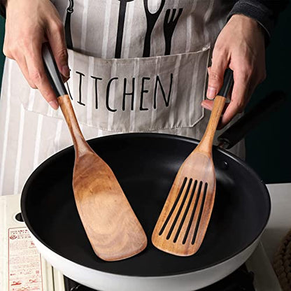 2 Pcs Best Wooden Spatula Set for Cooking Kitchen Slotted Turner Spatula Flat Wood Wok Spatula Non Stick Cooking Utensils for Frying Mixing Teak Fish Spatula Turner Black Egg Flipper Spatulas - CookCave