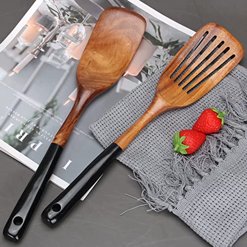 2 Pcs Best Wooden Spatula Set for Cooking Kitchen Slotted Turner Spatula Flat Wood Wok Spatula Non Stick Cooking Utensils for Frying Mixing Teak Fish Spatula Turner Black Egg Flipper Spatulas - CookCave