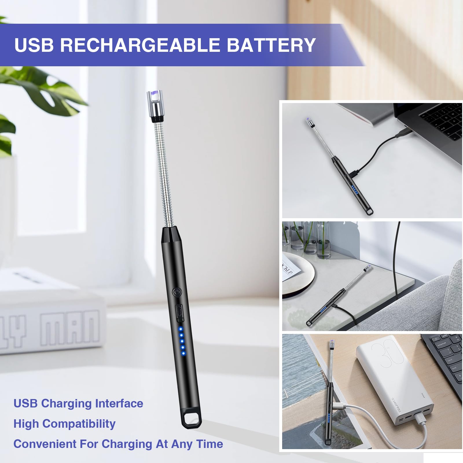 2 PCS Candle Lighter, Electric Lighter Arc Windproof Flameless with 360° Flexible Neck & LED Power Display, Lighters for Candle for BBQ, Grill, Camping, Fireplace, Stove - CookCave