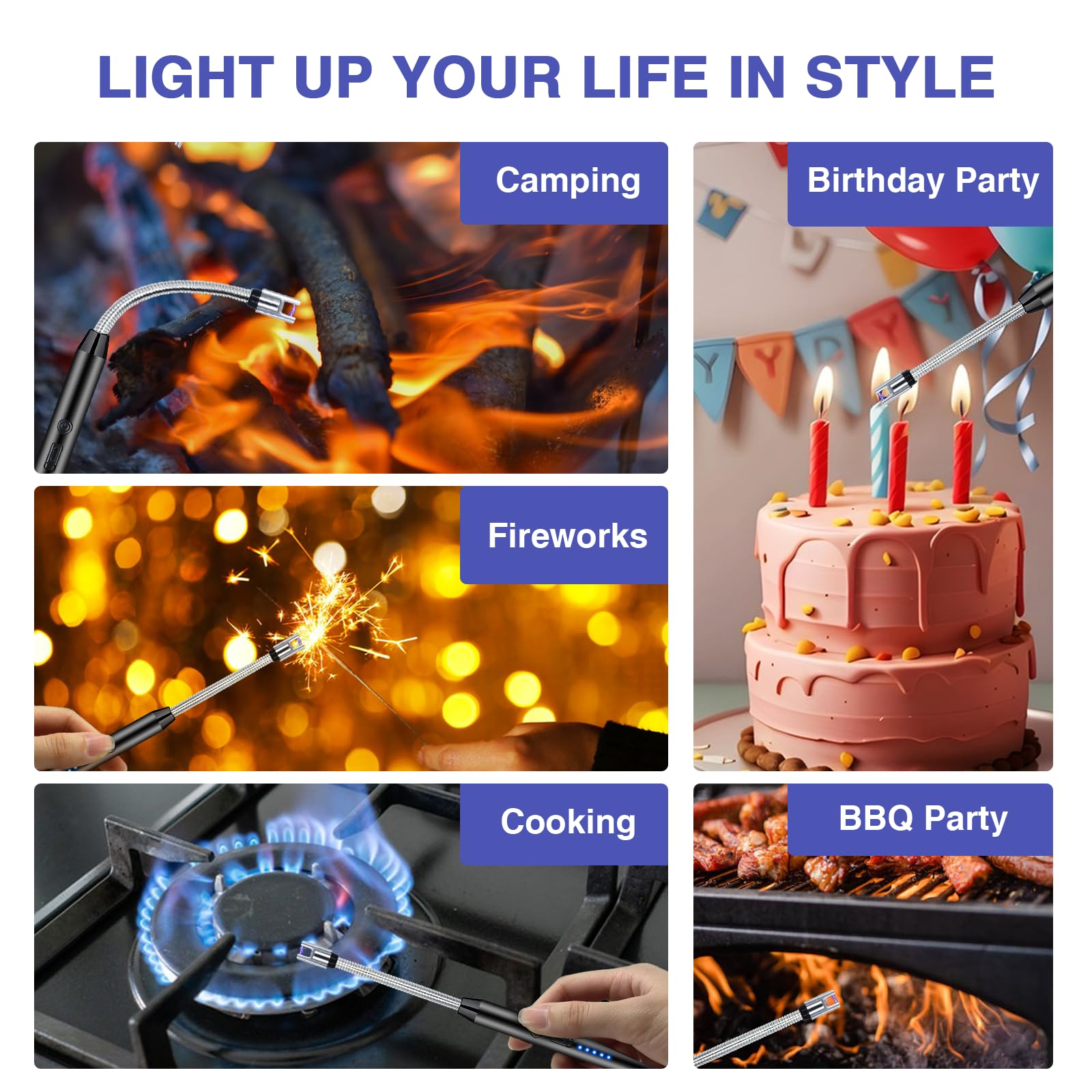 2 PCS Candle Lighter, Electric Lighter Arc Windproof Flameless with 360° Flexible Neck & LED Power Display, Lighters for Candle for BBQ, Grill, Camping, Fireplace, Stove - CookCave