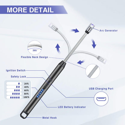 2 PCS Candle Lighter, Electric Lighter Arc Windproof Flameless with 360° Flexible Neck & LED Power Display, Lighters for Candle for BBQ, Grill, Camping, Fireplace, Stove - CookCave