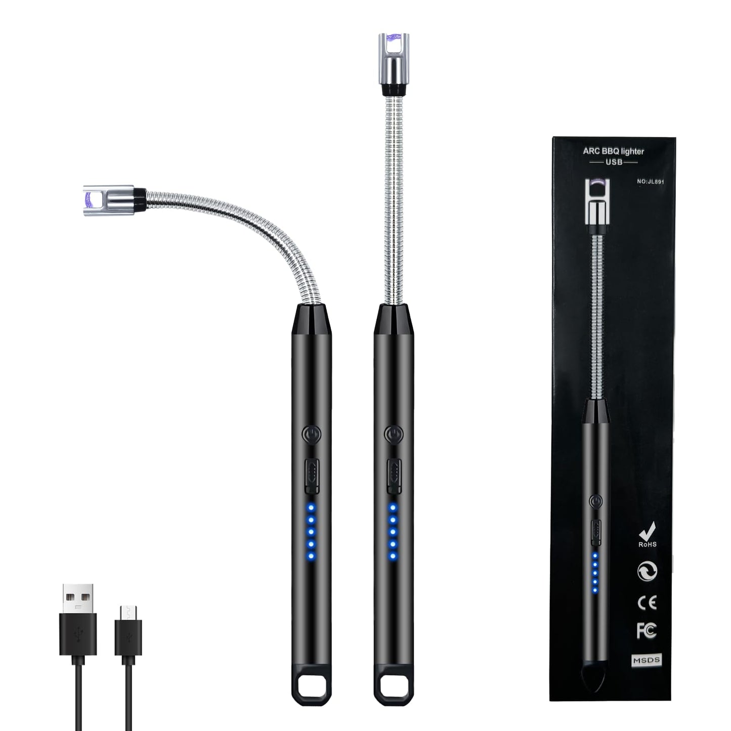 2 PCS Candle Lighter, Electric Lighter Arc Windproof Flameless with 360° Flexible Neck & LED Power Display, Lighters for Candle for BBQ, Grill, Camping, Fireplace, Stove - CookCave