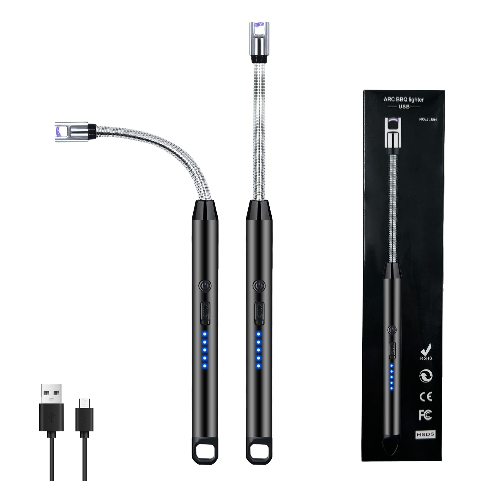 2 PCS Candle Lighter, Electric Lighter Arc Windproof Flameless with 360° Flexible Neck & LED Power Display, Lighters for Candle for BBQ, Grill, Camping, Fireplace, Stove - CookCave