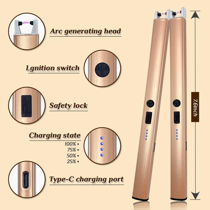 2 PCS Candle Lighter,Windproof Flameless Electric Lighter with LED Power Display ＆ Safety Switch, Upgraded Plasma USB Rechargeable Lighters for Birthday Camping BBQ (Champagne Gold) - CookCave