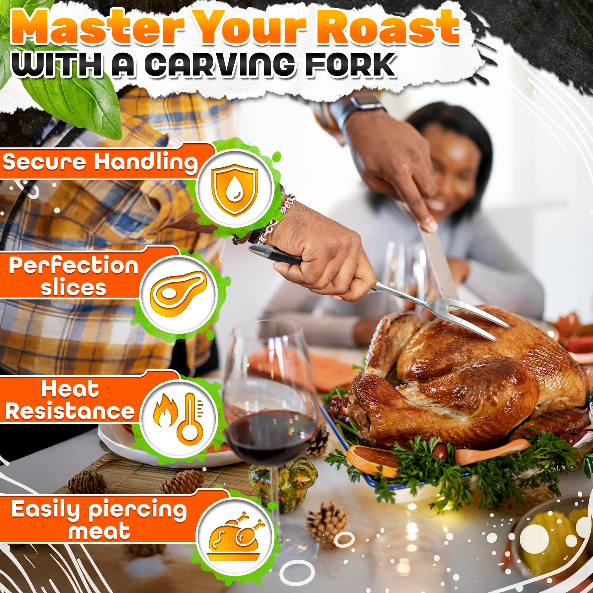 2 Pcs Carving Fork for Meat 12 inch - Stainless Steel Meat Fork with Heat-Resistant Handle for Grilling, Cooking, Serving - Straight and Curved Carving Utensils with Classic Two-Prong BBQ Design - CookCave