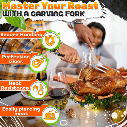 2 Pcs Carving Fork for Meat 12 inch - Stainless Steel Meat Fork with Heat-Resistant Handle for Grilling, Cooking, Serving - Straight and Curved Carving Utensils with Classic Two-Prong BBQ Design - CookCave