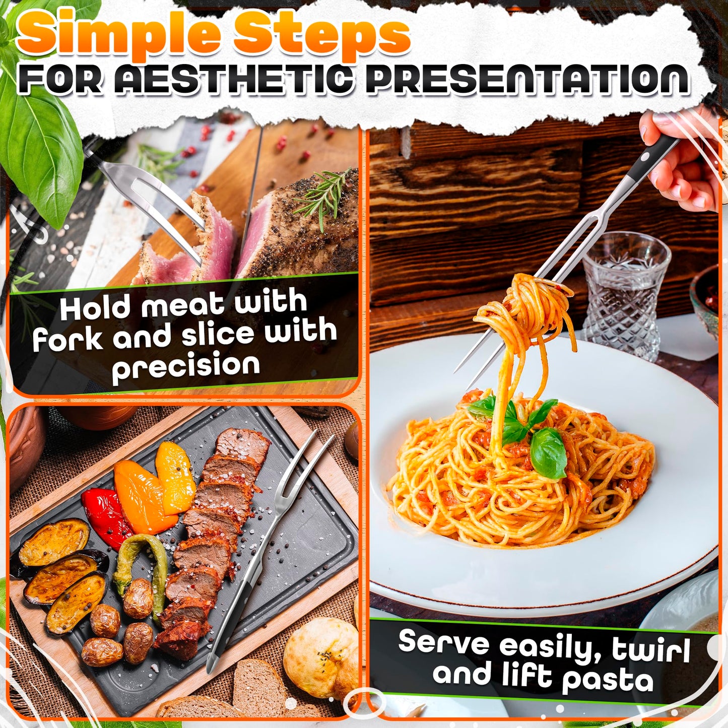 2 Pcs Carving Fork for Meat 12 inch - Stainless Steel Meat Fork with Heat-Resistant Handle for Grilling, Cooking, Serving - Straight and Curved Carving Utensils with Classic Two-Prong BBQ Design - CookCave