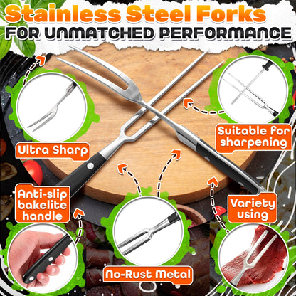 2 Pcs Carving Fork for Meat 12 inch - Stainless Steel Meat Fork with Heat-Resistant Handle for Grilling, Cooking, Serving - Straight and Curved Carving Utensils with Classic Two-Prong BBQ Design - CookCave