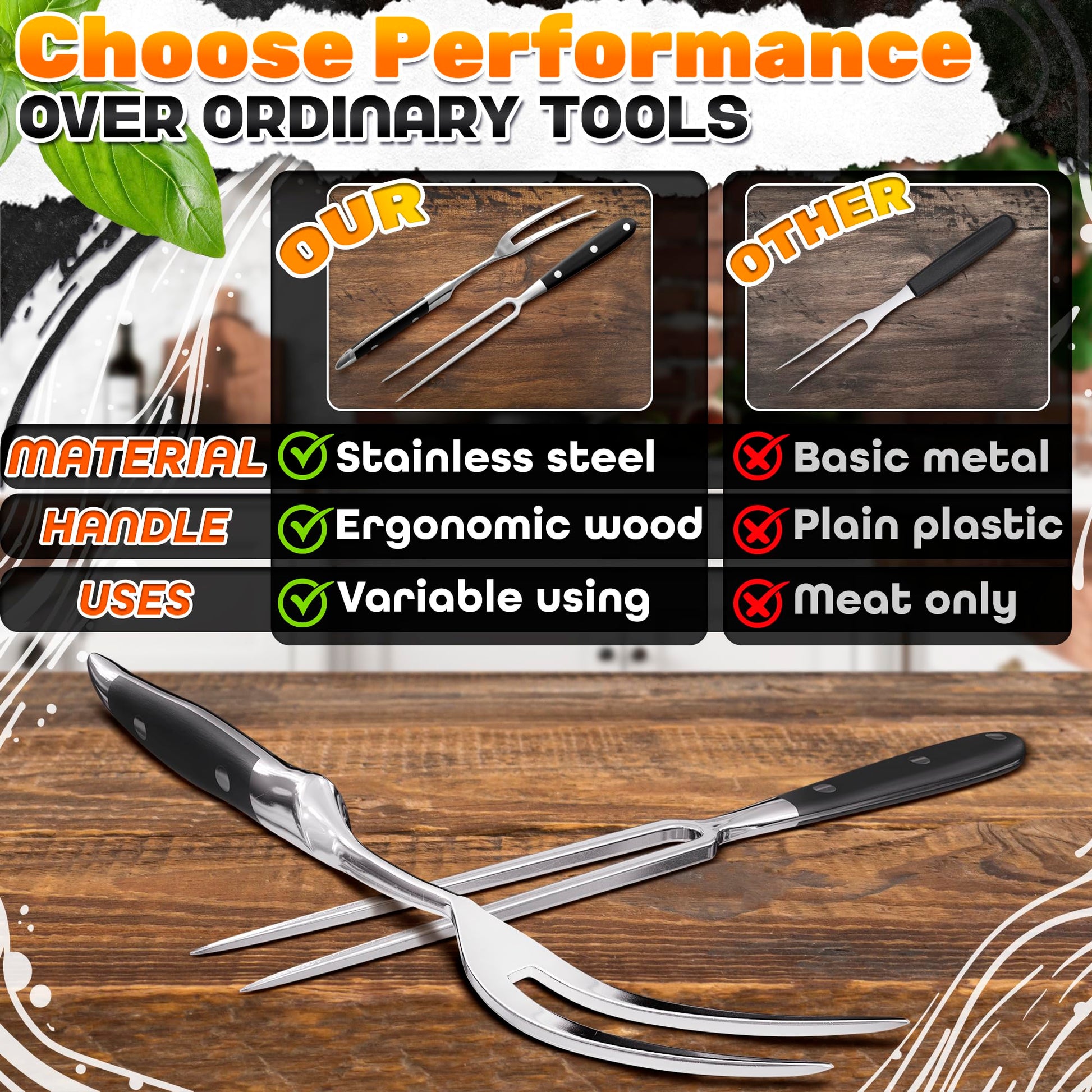 2 Pcs Carving Fork for Meat 12 inch - Stainless Steel Meat Fork with Heat-Resistant Handle for Grilling, Cooking, Serving - Straight and Curved Carving Utensils with Classic Two-Prong BBQ Design - CookCave