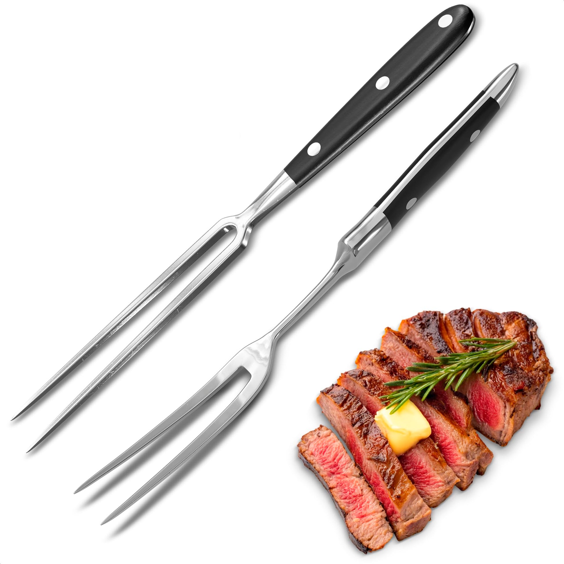 2 Pcs Carving Fork for Meat 12 inch - Stainless Steel Meat Fork with Heat-Resistant Handle for Grilling, Cooking, Serving - Straight and Curved Carving Utensils with Classic Two-Prong BBQ Design - CookCave