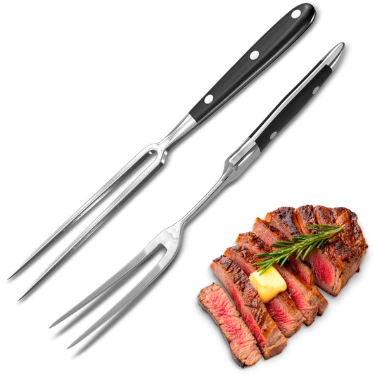 2 Pcs Carving Fork for Meat 12 inch - Stainless Steel Meat Fork with Heat-Resistant Handle for Grilling, Cooking, Serving - Straight and Curved Carving Utensils with Classic Two-Prong BBQ Design - CookCave