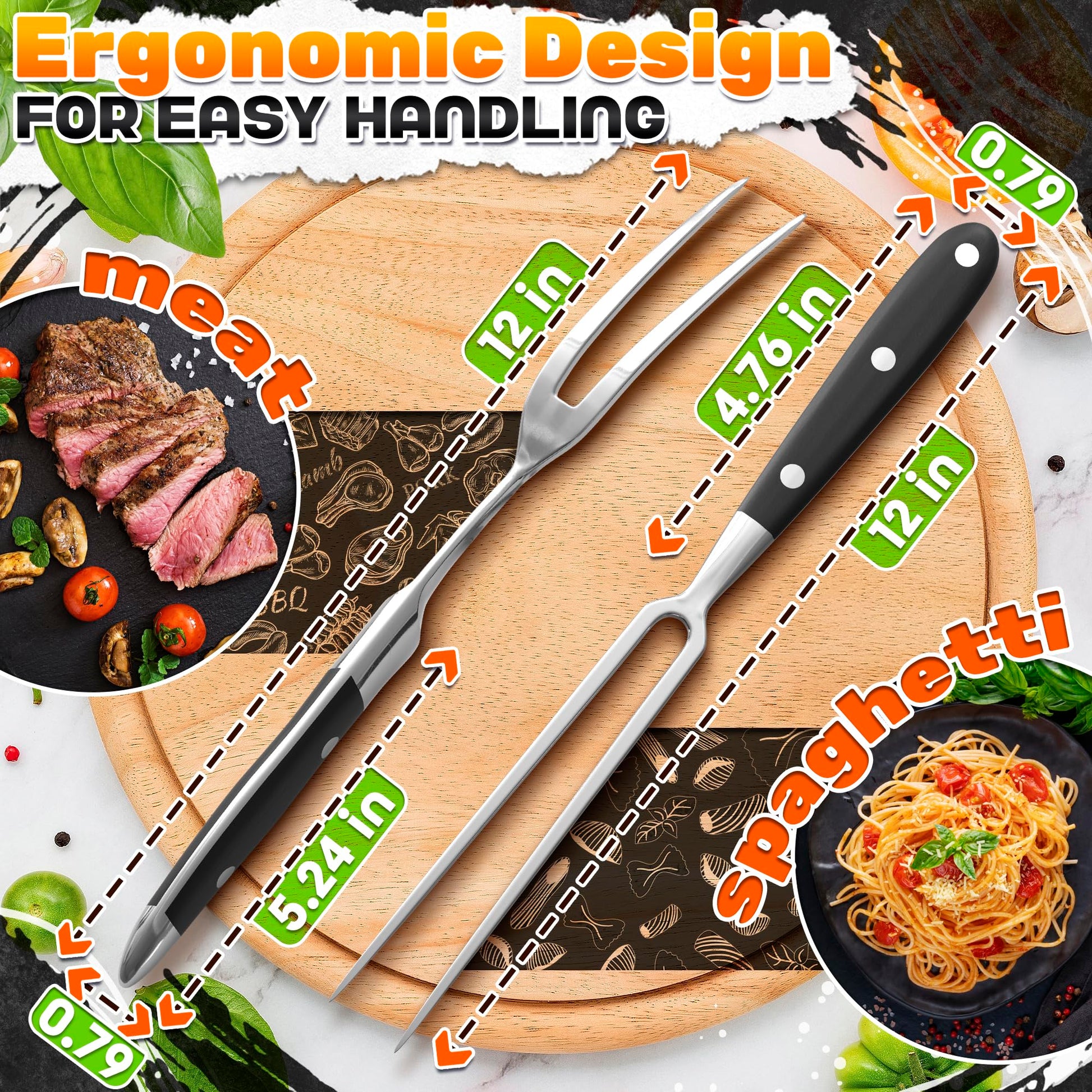 2 Pcs Carving Fork for Meat 12 inch - Stainless Steel Meat Fork with Heat-Resistant Handle for Grilling, Cooking, Serving - Straight and Curved Carving Utensils with Classic Two-Prong BBQ Design - CookCave