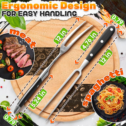 2 Pcs Carving Fork for Meat 12 inch - Stainless Steel Meat Fork with Heat-Resistant Handle for Grilling, Cooking, Serving - Straight and Curved Carving Utensils with Classic Two-Prong BBQ Design - CookCave