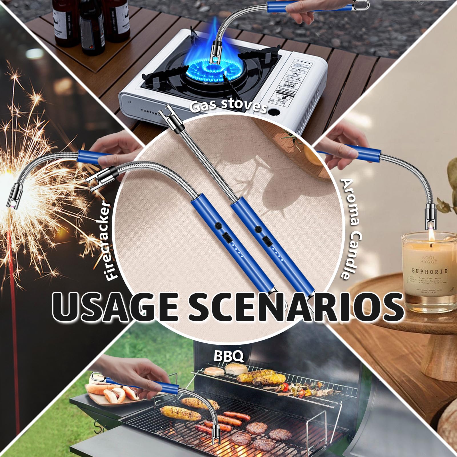 2 PCS Electric Lighter, Candle Lighter Arc Windproof Flame-Less with 360° Flexible Neck & LED Power Display, Type-C Rechargeable for BBQ, Grill, Camping, Fireplace, Stove - CookCave