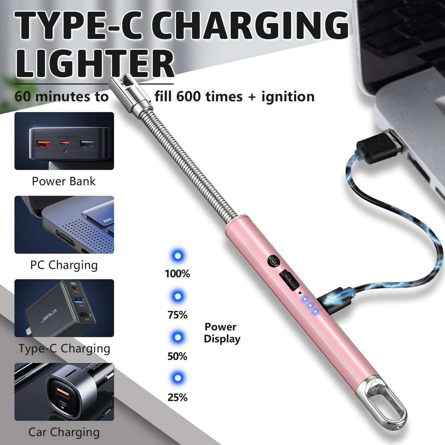 2 PCS Electric Lighter, Candle Lighter Arc Windproof Flame-Less with 360° Flexible Neck & LED Power Display, Type-C Rechargeable for BBQ, Grill, Camping, Fireplace, Stove - CookCave