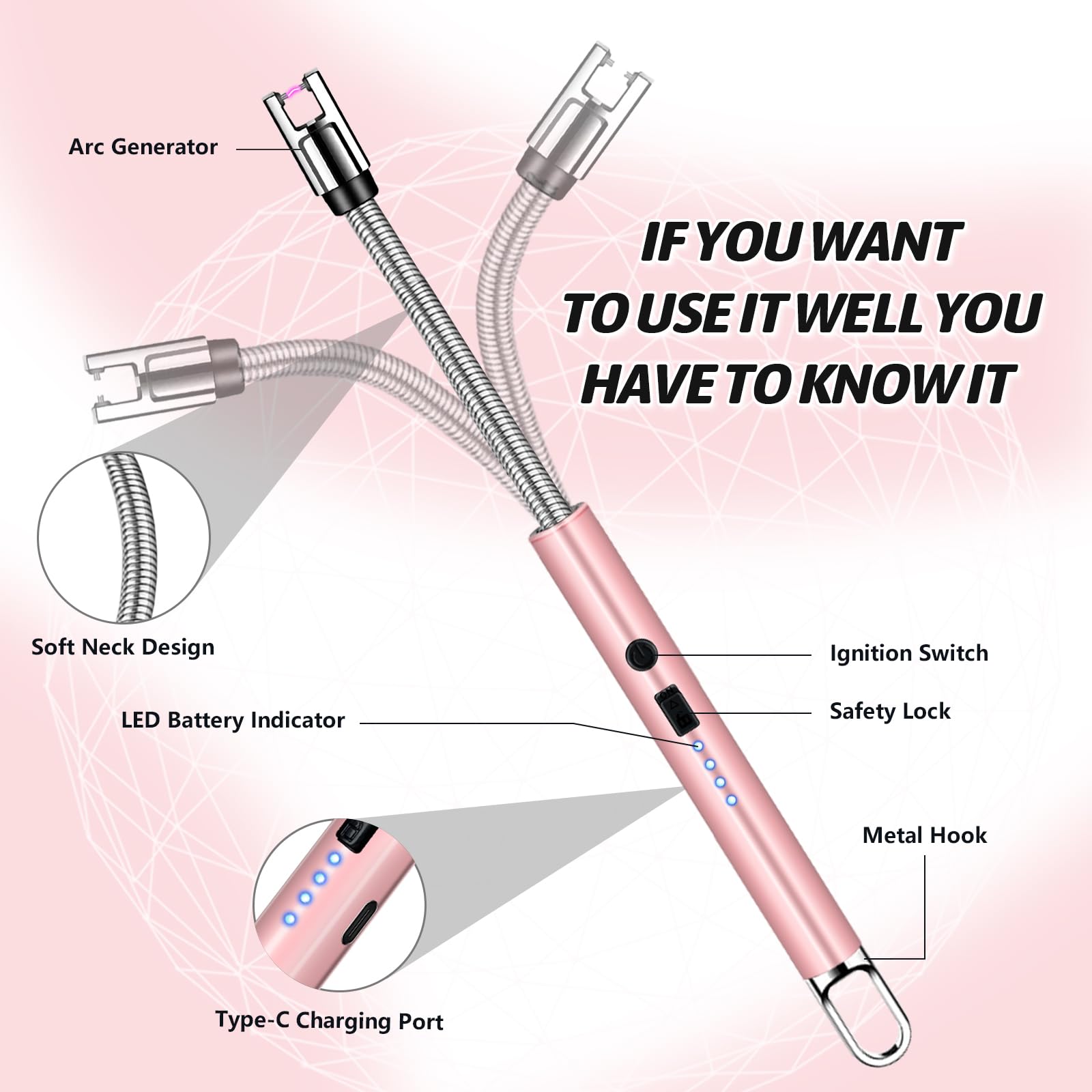 2 PCS Electric Lighter, Candle Lighter Arc Windproof Flame-Less with 360° Flexible Neck & LED Power Display, Type-C Rechargeable for BBQ, Grill, Camping, Fireplace, Stove - CookCave