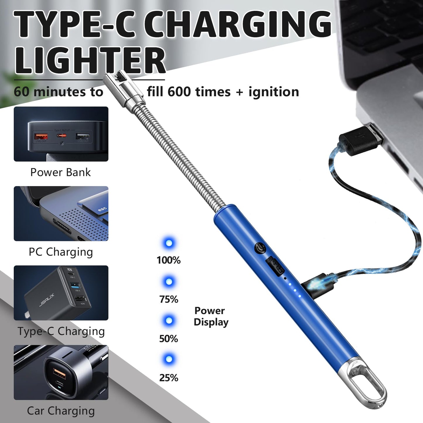 2 PCS Electric Lighter, Candle Lighter Arc Windproof Flame-Less with 360° Flexible Neck & LED Power Display, Type-C Rechargeable for BBQ, Grill, Camping, Fireplace, Stove - CookCave