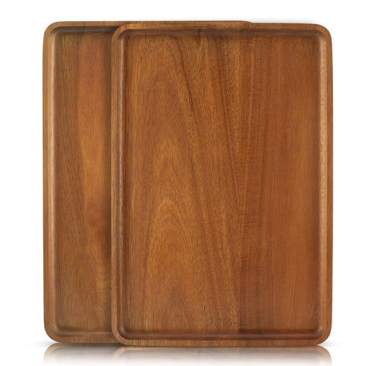 2 PCS Solid Acacia Wood Serving Trays Rectangular Wooden Serving Platters Natural Wooden Boards for Bar Coffee Party 13 * 9 inch - CookCave