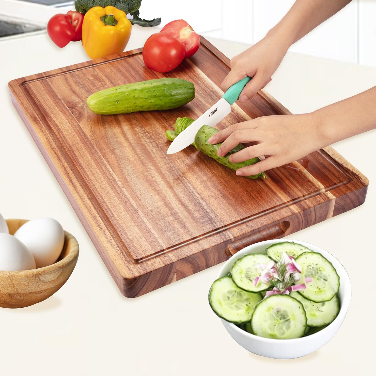 20 Inch Large Acacia Wood Cutting Board 1.5" Thick, Reversible Wooden Cutting Board for Kitchen, Charcuterie Board Cheese Board with Deep Groove, Chopping Board for Meat, Vegetables, Fruit - CookCave