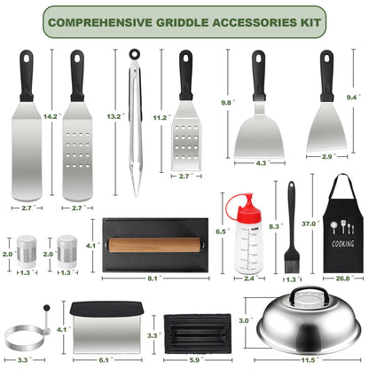 20PCS Griddle Accessories Kit, Flat Top Grill Accessories Set for Blackstone and Camp Chef, Grill Spatula Set with Enlarged Spatulas, Basting Cover, lron Smash Burger Press for Outdoor Barbecue - CookCave