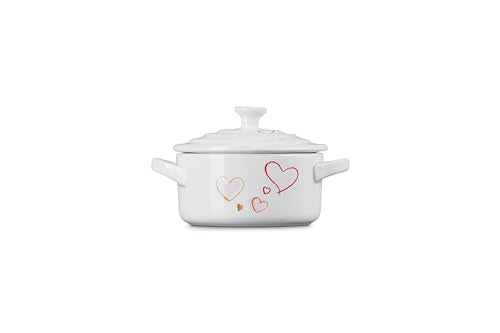 Le Creuset Mon Coeur Collection Stoneware Classic Round Mini Cocotte, 8 Oz., White with Hearts