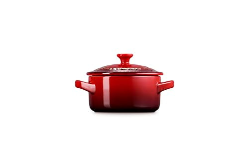 Le Creuset Stoneware Holly Collection Mini Round Cocotte, 8 oz., Cerise with Gold Applique