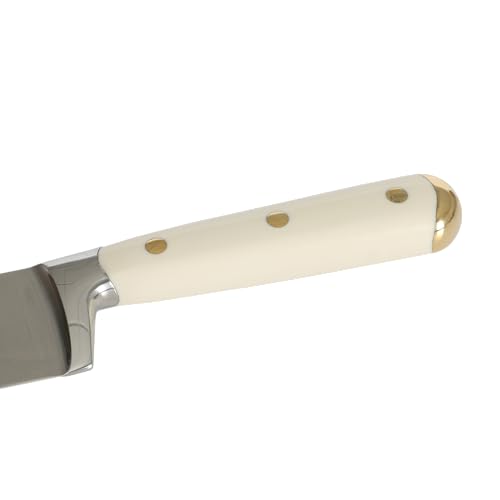 Martha Stewart Knife Block Set 16-Piece - Lockton High Carbon Stainless Steel Forged Full Tang Chef Knives, Acacia Wood Block, Triple Riveted Handles, Linen White & Gold