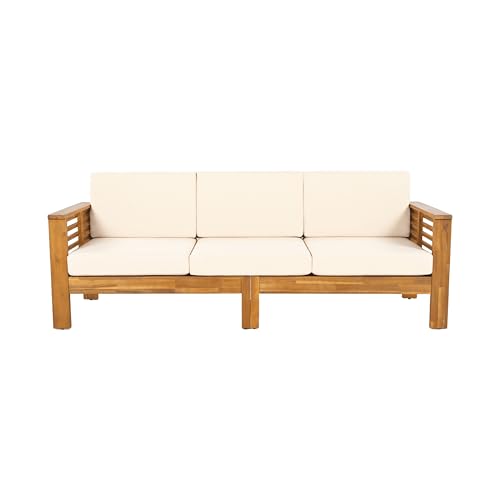 Merax 3 Piece Acacia Wood Patio Furniture Set, Outdoor Sectional Sofa Set with Coffee Table, 4 Seats Sofa Deep Seating with Soft Cushions for Garden, Backyard, Teak & Cream