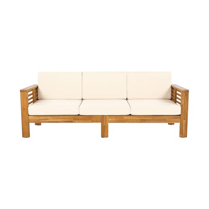 Merax 3 Piece Acacia Wood Patio Furniture Set, Outdoor Sectional Sofa Set with Coffee Table, 4 Seats Sofa Deep Seating with Soft Cushions for Garden, Backyard, Teak & Cream
