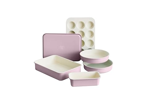 GreenLife 6 Piece Nonstick Bakeware Set, Non-Toxic PFAS-Free Ceramic Oven Pans, Dishwasher & Oven Safe to 450°F, Easy Release Baking Sheet, Loaf Pan, Rectangle & Round Cake, Muffin Pan, Pink