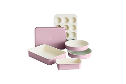 GreenLife 6 Piece Nonstick Bakeware Set, Non-Toxic PFAS-Free Ceramic Oven Pans, Dishwasher & Oven Safe to 450°F, Easy Release Baking Sheet, Loaf Pan, Rectangle & Round Cake, Muffin Pan, Pink