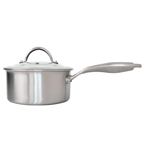 Stainless Steel Small Brushed Saucepan With Lid, Induction Cooking Sauce Pot Pans, 18/10Tri-Ply Heavy Bottom Saucier Cookware, Dishwasher Safe & Oven Safe (2.5QT)