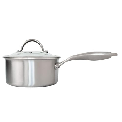 Stainless Steel Small Brushed Saucepan With Lid, Induction Cooking Sauce Pot Pans, 18/10Tri-Ply Heavy Bottom Saucier Cookware, Dishwasher Safe & Oven Safe (2.5QT)