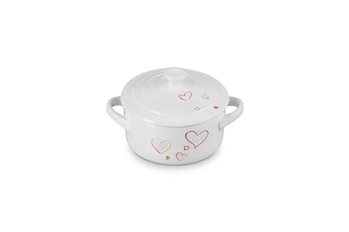 Le Creuset Mon Coeur Collection Stoneware Classic Round Mini Cocotte, 8 Oz., White with Hearts