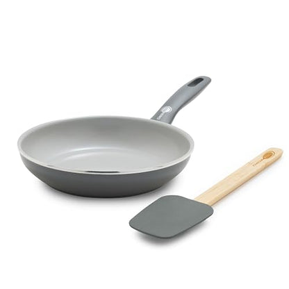 GreenPan Dover 8” Frying Pan Skillet with Spatula, Non-Toxic PFAS-Free Ceramic Nonstick Coating, Sear Saute Fry Egg Omlete, Dishwasher & Oven Safe, Stay-Cool Handle, Easy Pour Rims, Gray