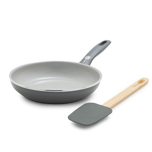 GreenPan Dover 8” Frying Pan Skillet with Spatula, Non-Toxic PFAS-Free Ceramic Nonstick Coating, Sear Saute Fry Egg Omlete, Dishwasher & Oven Safe, Stay-Cool Handle, Easy Pour Rims, Gray